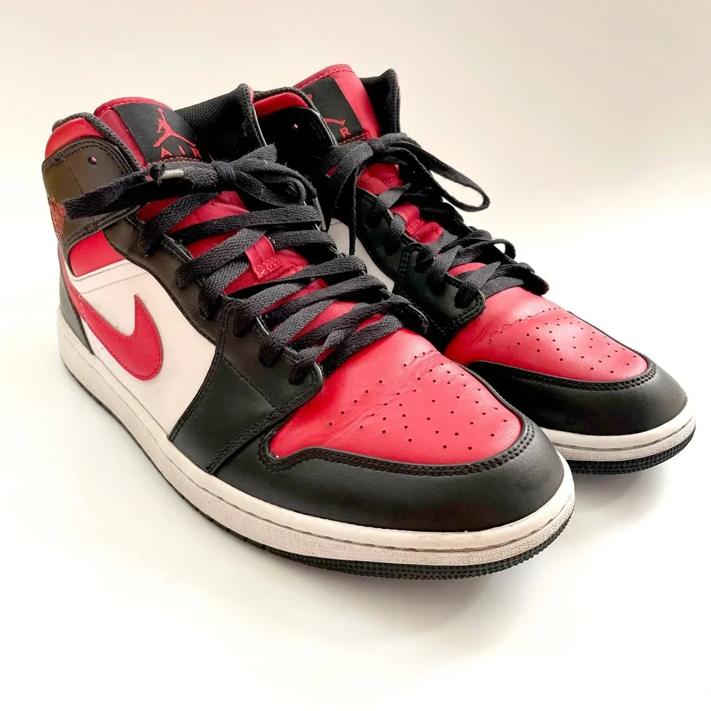 Nike Air Jordan 1 Mid Bred Toe Sneakers Black White Red Mens 11.5 Retro